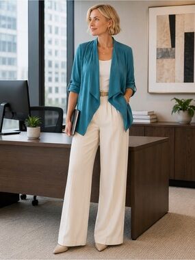 ANTHROPOLOGIE Elevenses Eldora Teal Open Front Drape Blazer Jacket Large